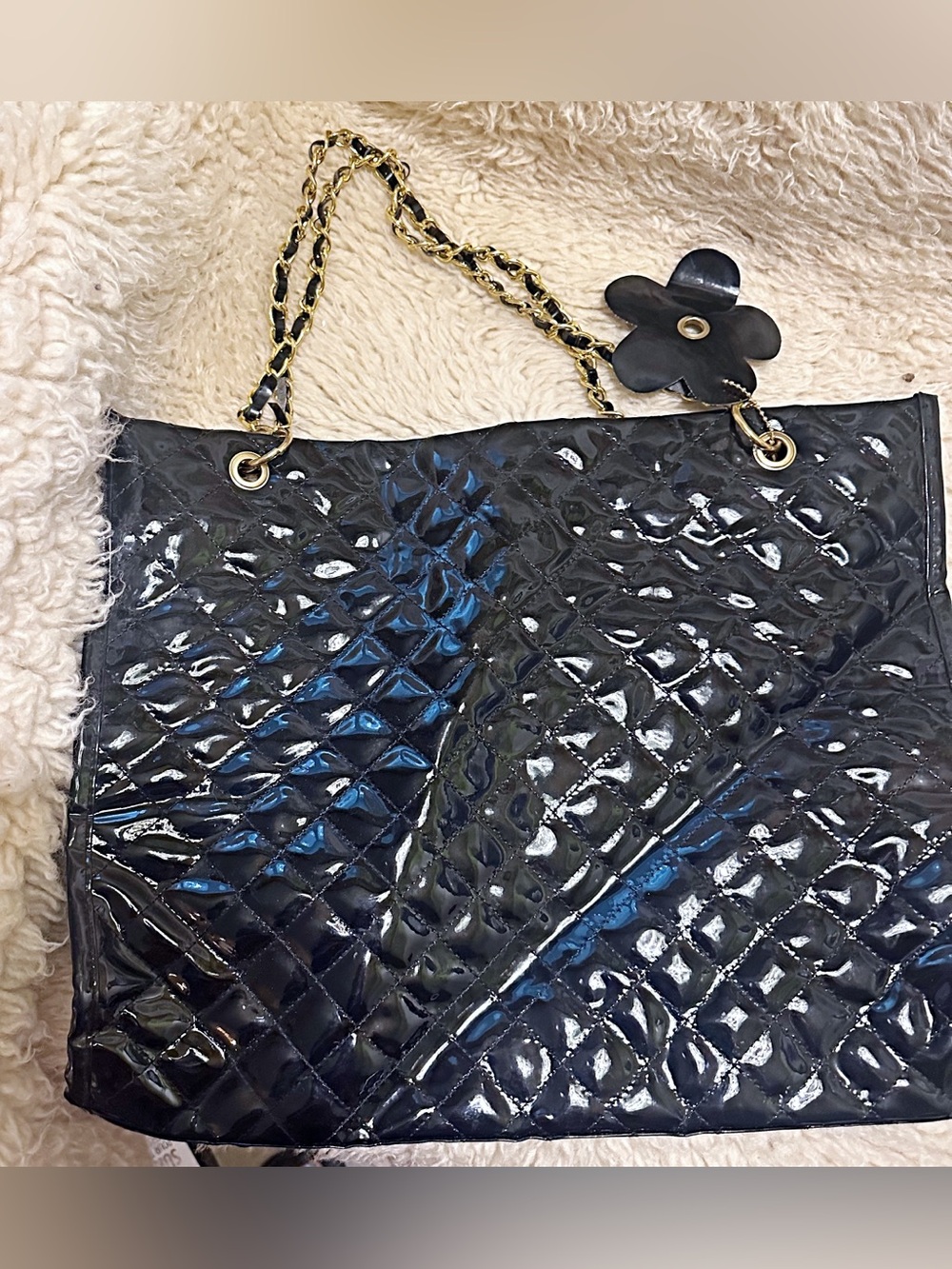 Quilted Tote Bag with Chain Handles - Black